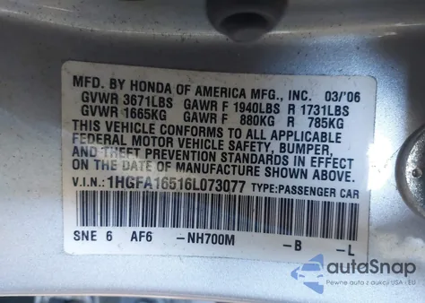 2006 Honda Civic Lx from USA, damaged, VIN 1HGFA16516L073077